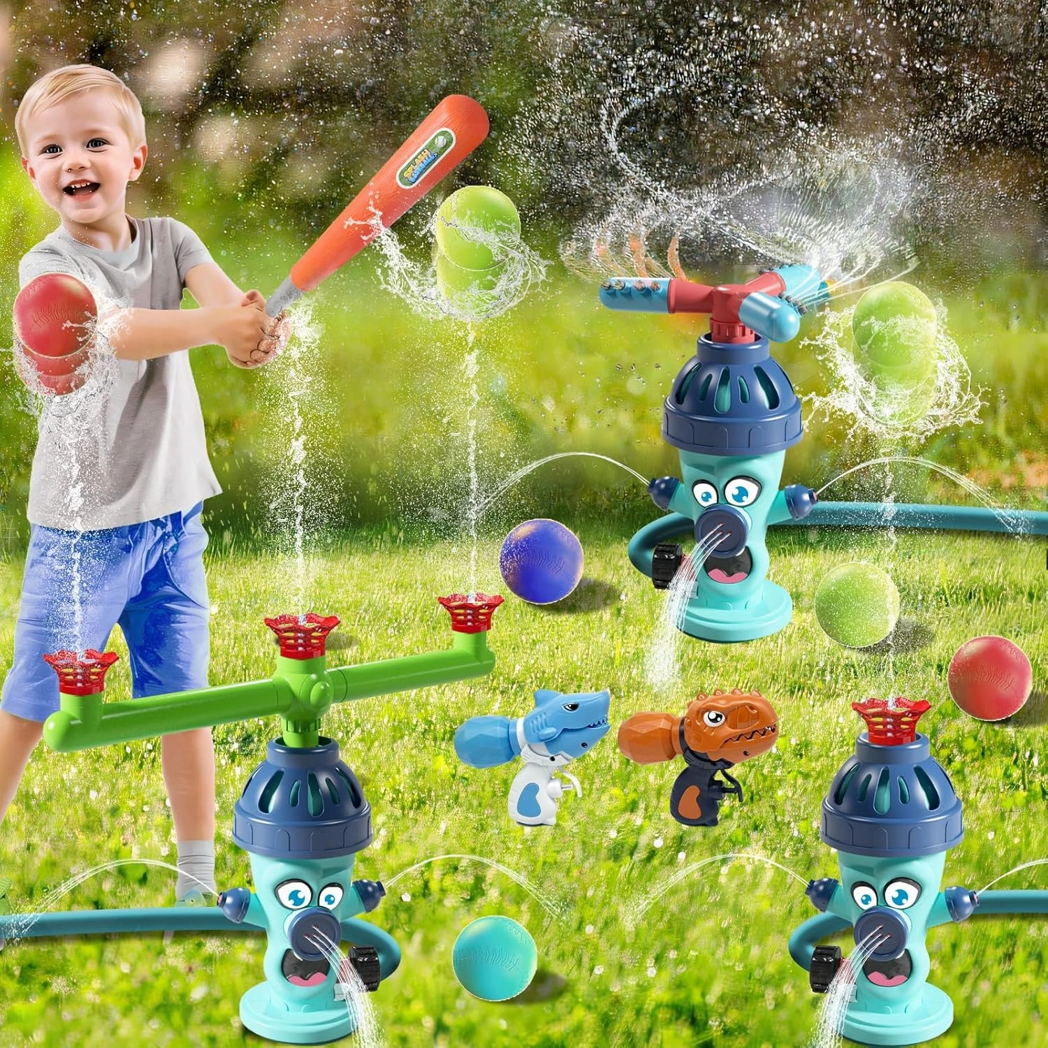 4-in-1 Water Sprinkler Baseball Hydrant Toy for Kids, 360° Rotating Hydrant Design with 4 Baseballs, Fun Tee Ball Game Set for Boys & Girls, Perfect for Summer Backyard Lawn Parties