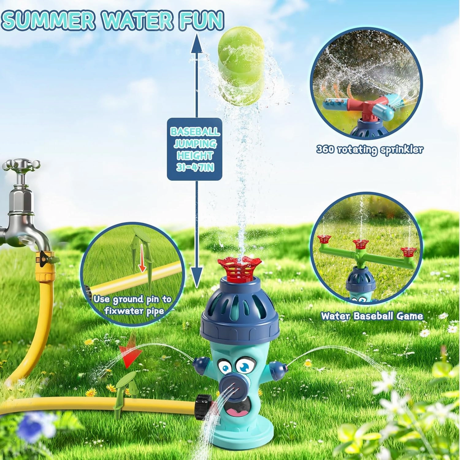 4-in-1 Water Sprinkler Baseball Hydrant Toy for Kids, 360° Rotating Hydrant Design with 4 Baseballs, Fun Tee Ball Game Set for Boys & Girls, Perfect for Summer Backyard Lawn Parties