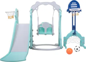 5 in 1 Slide and Swing Playing Set, Toddler Extra Long Slide with 2 Basketball Hoops, Football, Ringtoss, Indoor Outdoor