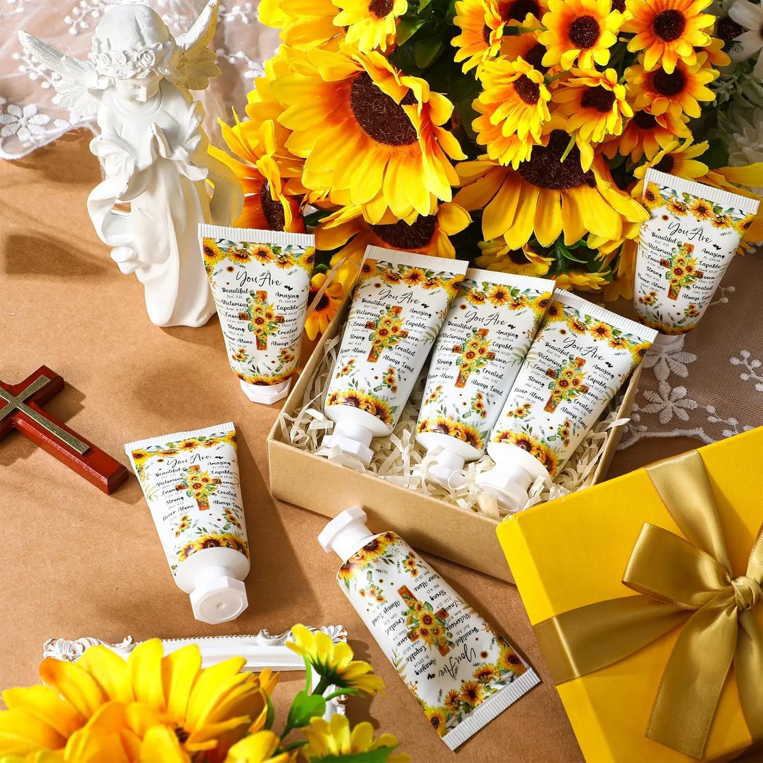50 Pack Christian Hand Lotion Bulk Gifts for Women Mother Day Bible Mini Travel Hand Lotion Bulk for Stocking Stuffers Gifts Women Church Appreciation Teachers Coworkers(Sunflower)