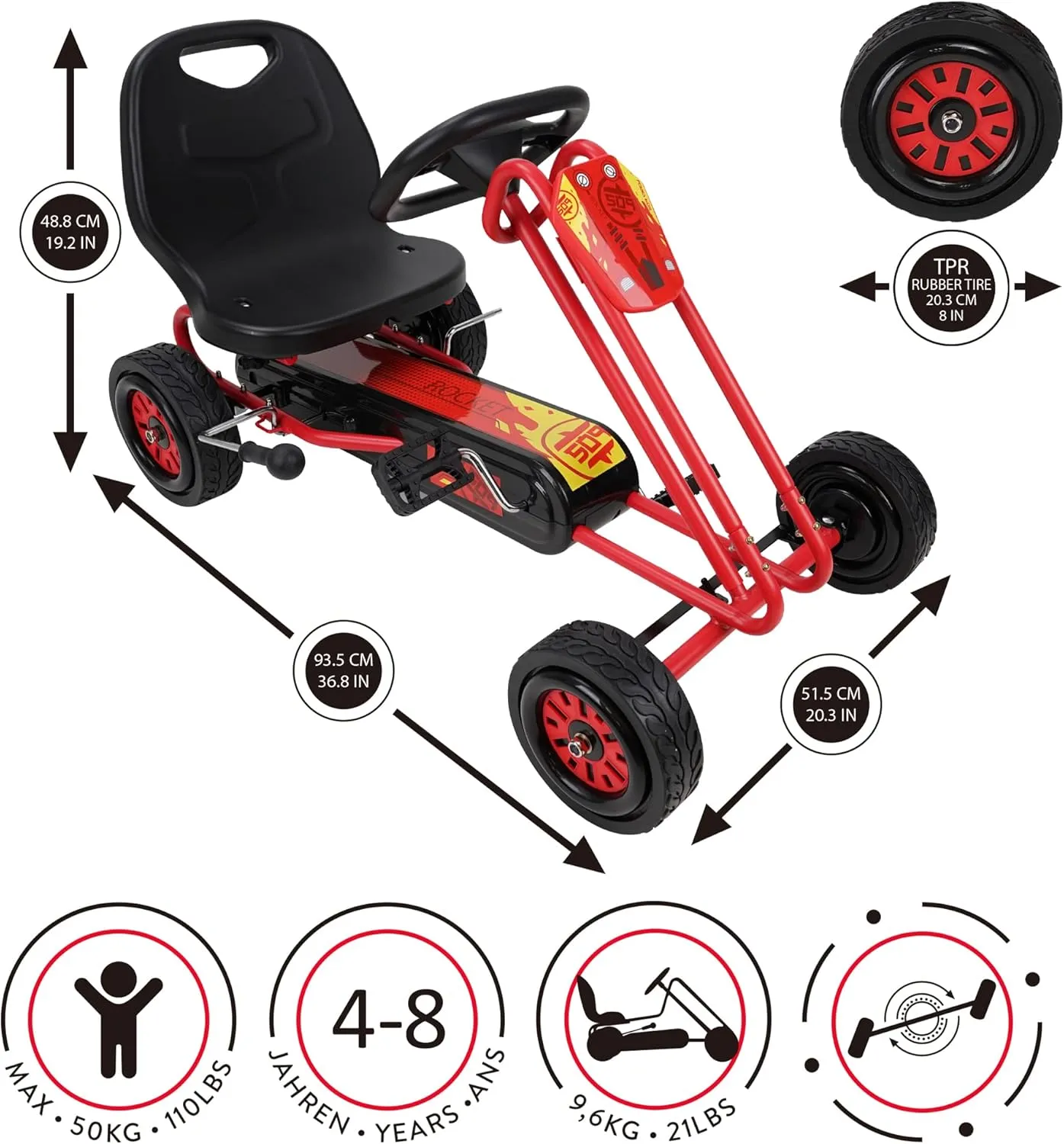 509 Crew Rocket Pedal Go Kart - Red | Pedal Car | Ride On Toys for Boys & Girls with Ergonomic Adjustable Seat & Sharp Handling, Ages 4  (U918002), Large