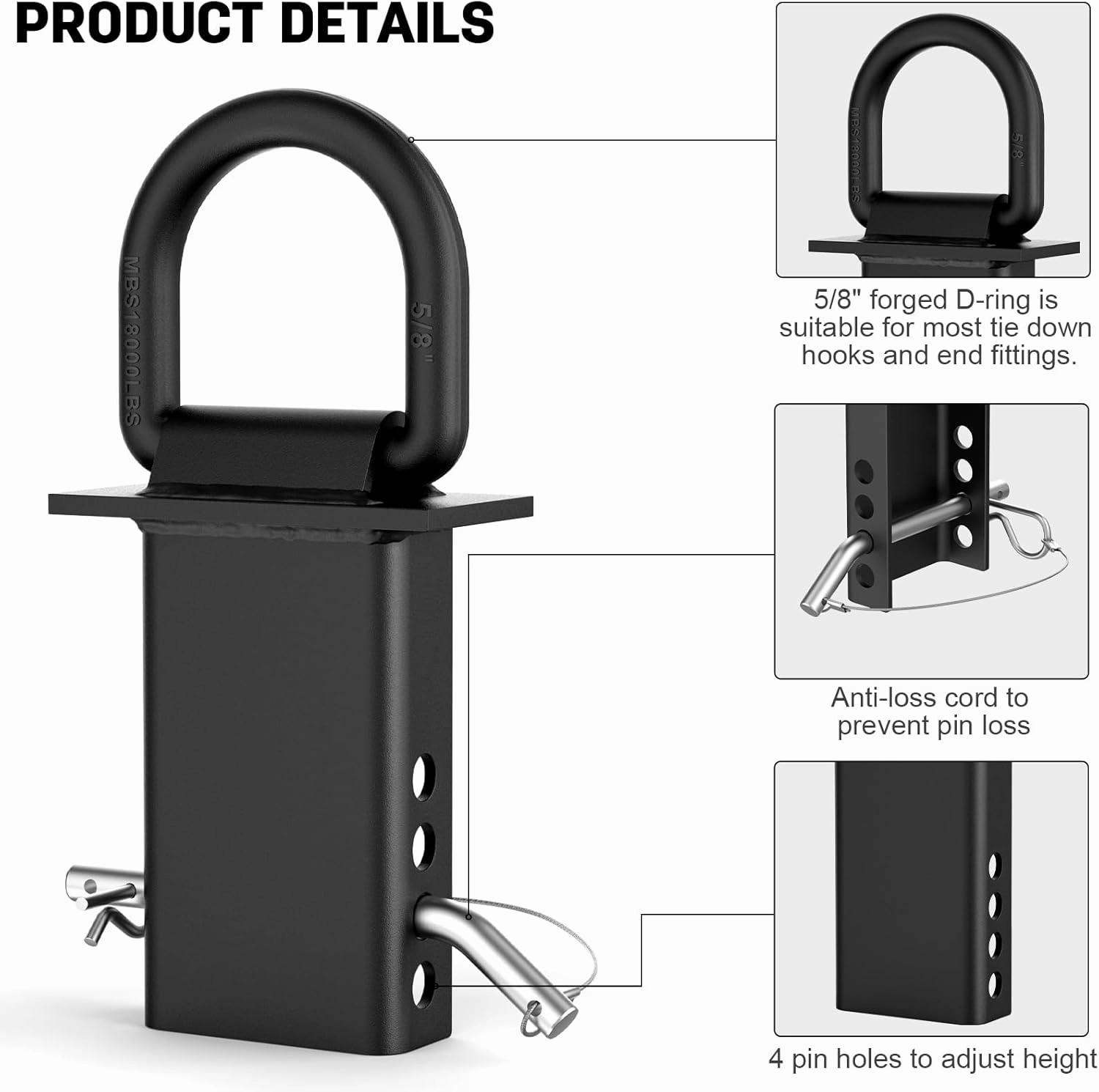 5/8” Stake Pocket Tie Down D Rings,Heavy Duty Trailer D Rings with Anti-Loss Pin, Adjustable Utility Towing D Rings 18000 LBS Capacity for Flatbed Cargo Trucks and Trailers,4 PCS Trailer Accessories