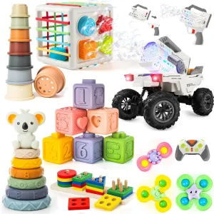 6-in-1 Baby Toys 6 to 12 Months, Montessori Toys for Babies 6-12-18 Months&Remote Control Car with Bubble Machine Guns,Outdoor Party Birthday Gifts for Preschool Boys Girls
