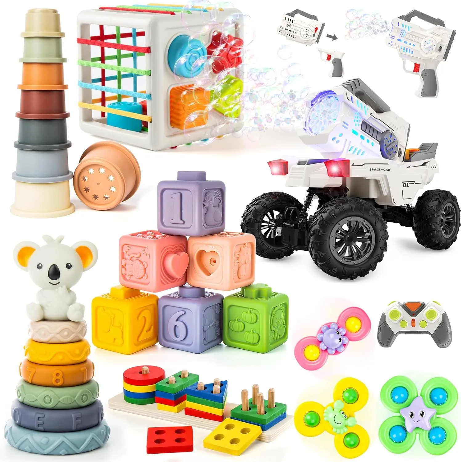 6-in-1 Baby Toys 6 to 12 Months, Montessori Toys for Babies 6-12-18 Months&Remote Control Car with Bubble Machine Guns,Outdoor Party Birthday Gifts for Preschool Boys Girls
