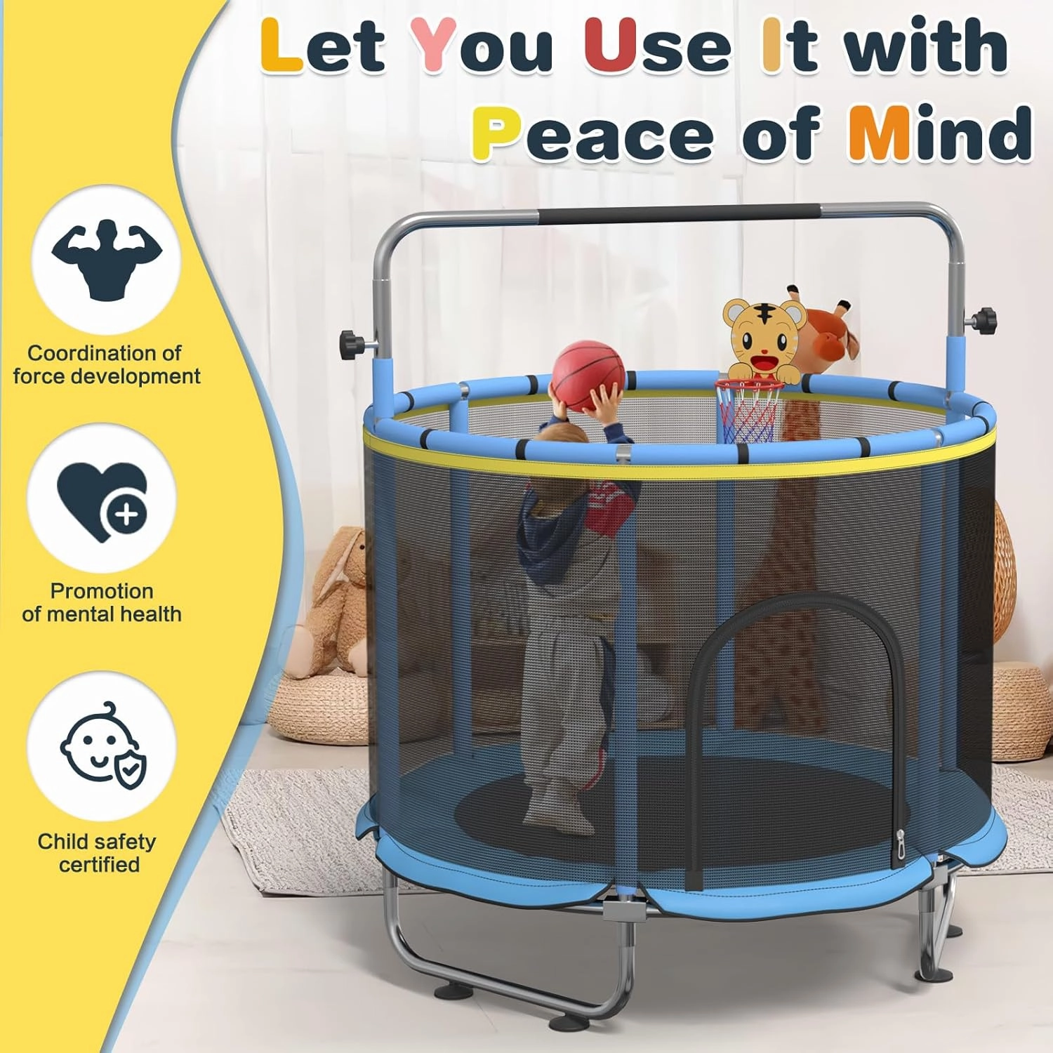60" Trampoline for Kids, 500lbs Capacit Indoor Outdoor Toddler Trampoline with Adjustable Gymnastics Bar, Gifts for Boy Girl Age 1-8