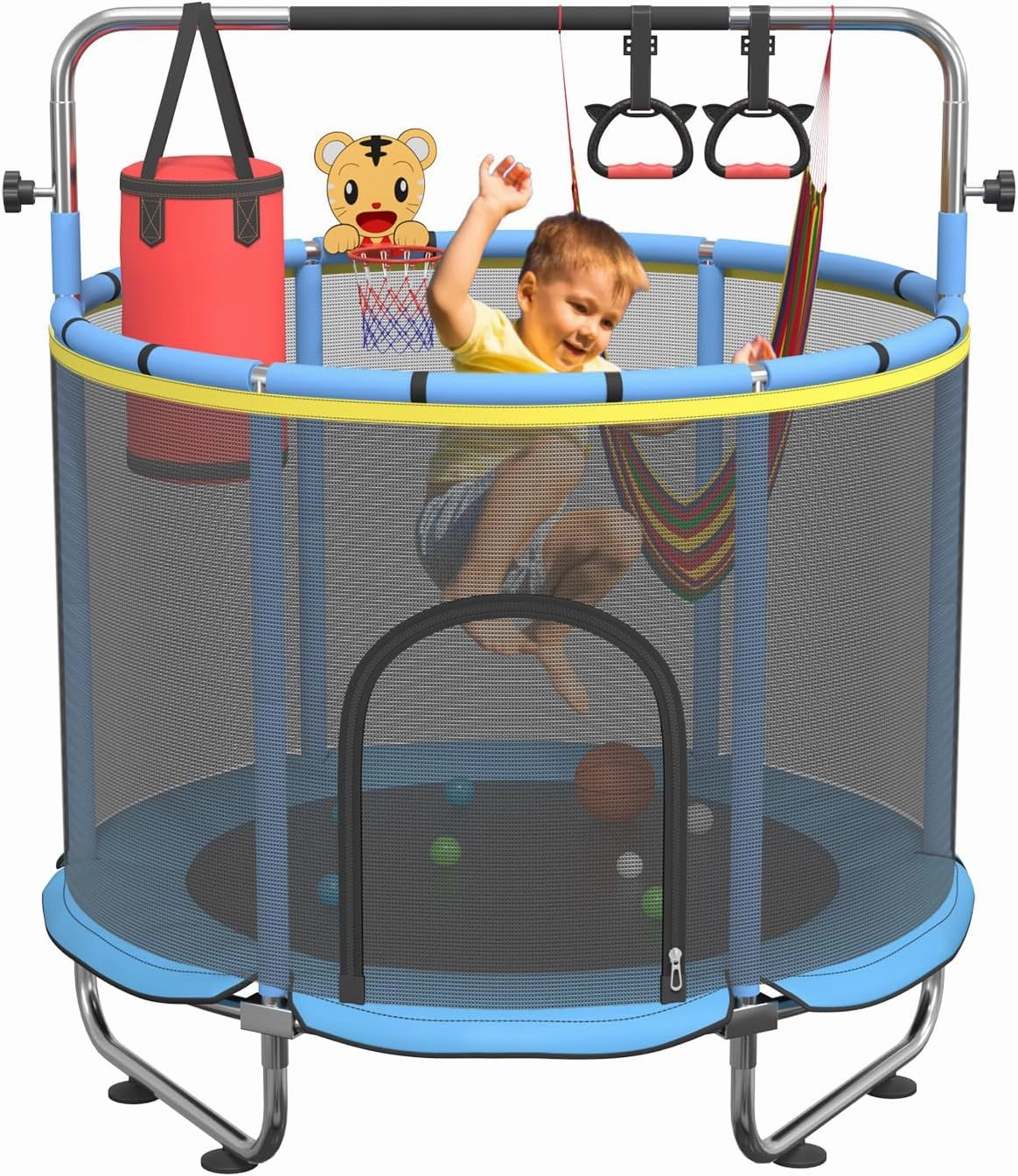 60" Trampoline for Kids, 500lbs Capacit Indoor Outdoor Toddler Trampoline with Adjustable Gymnastics Bar, Gifts for Boy Girl Age 1-8