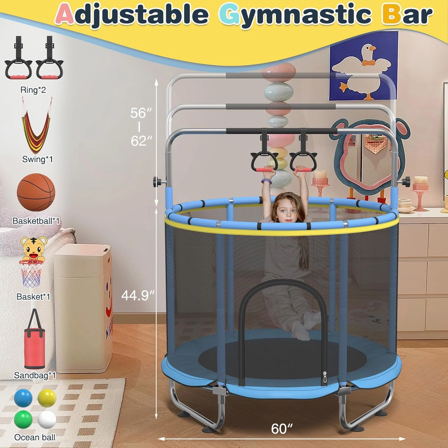 60" Trampoline for Kids, 500lbs Capacit Indoor Outdoor Toddler Trampoline with Adjustable Gymnastics Bar, Gifts for Boy Girl Age 1-8