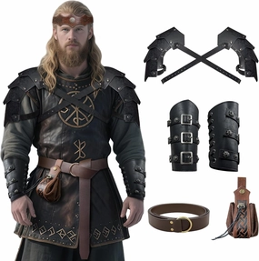 6Pcs Medieval Accessories Set Knight Shoulder Armor PU Leather Belt Bracers Viking Headpiece and Renaissance Dice Bag for Ren Faire