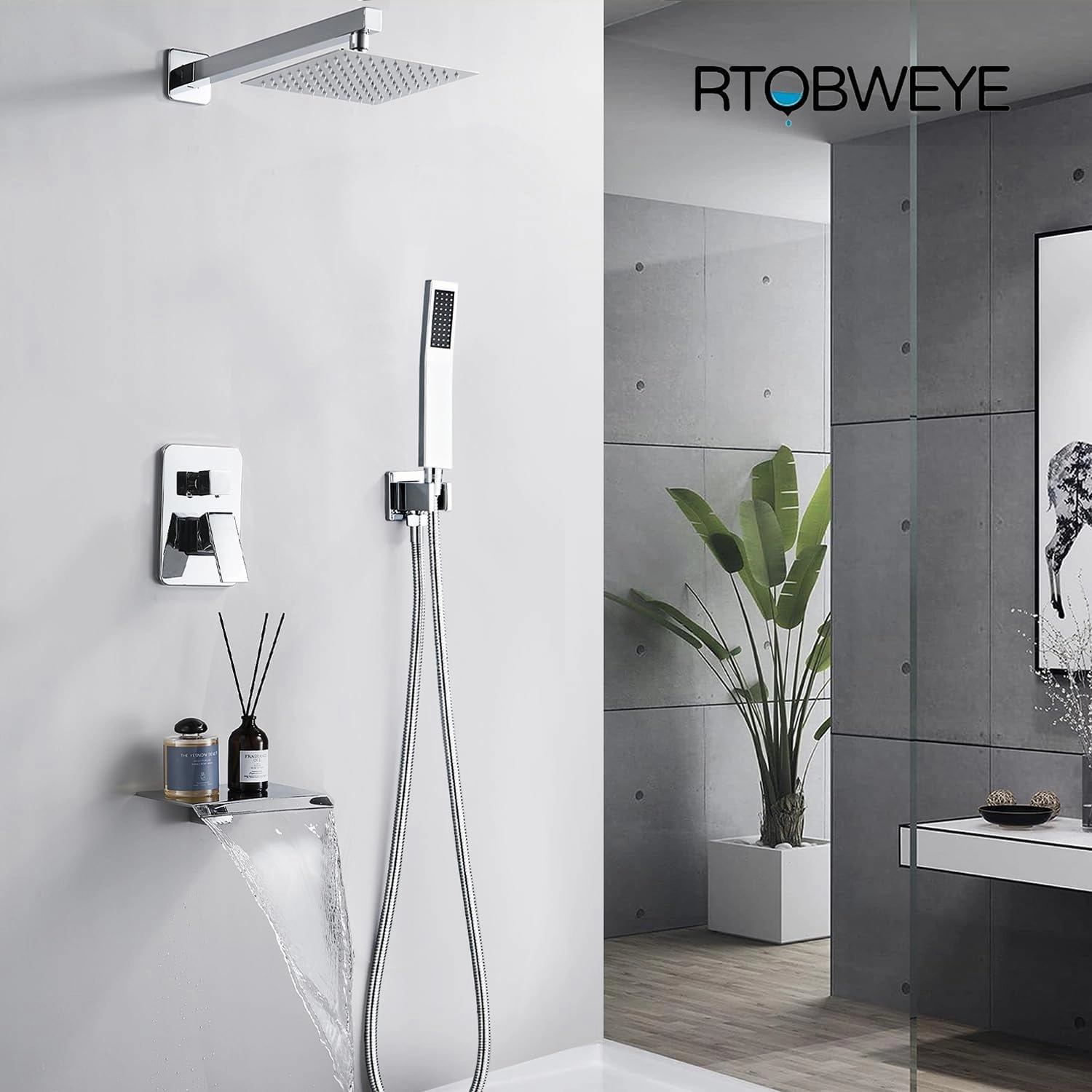 8 Inch Shower Faucet Set, Rainfall Shower System with High Pressure Handheld Shower Head, Bathroom Mixer Shower Set Wall Mounted Shower Faucet Rough-in Valve and Trim Kit, with Tub Spout