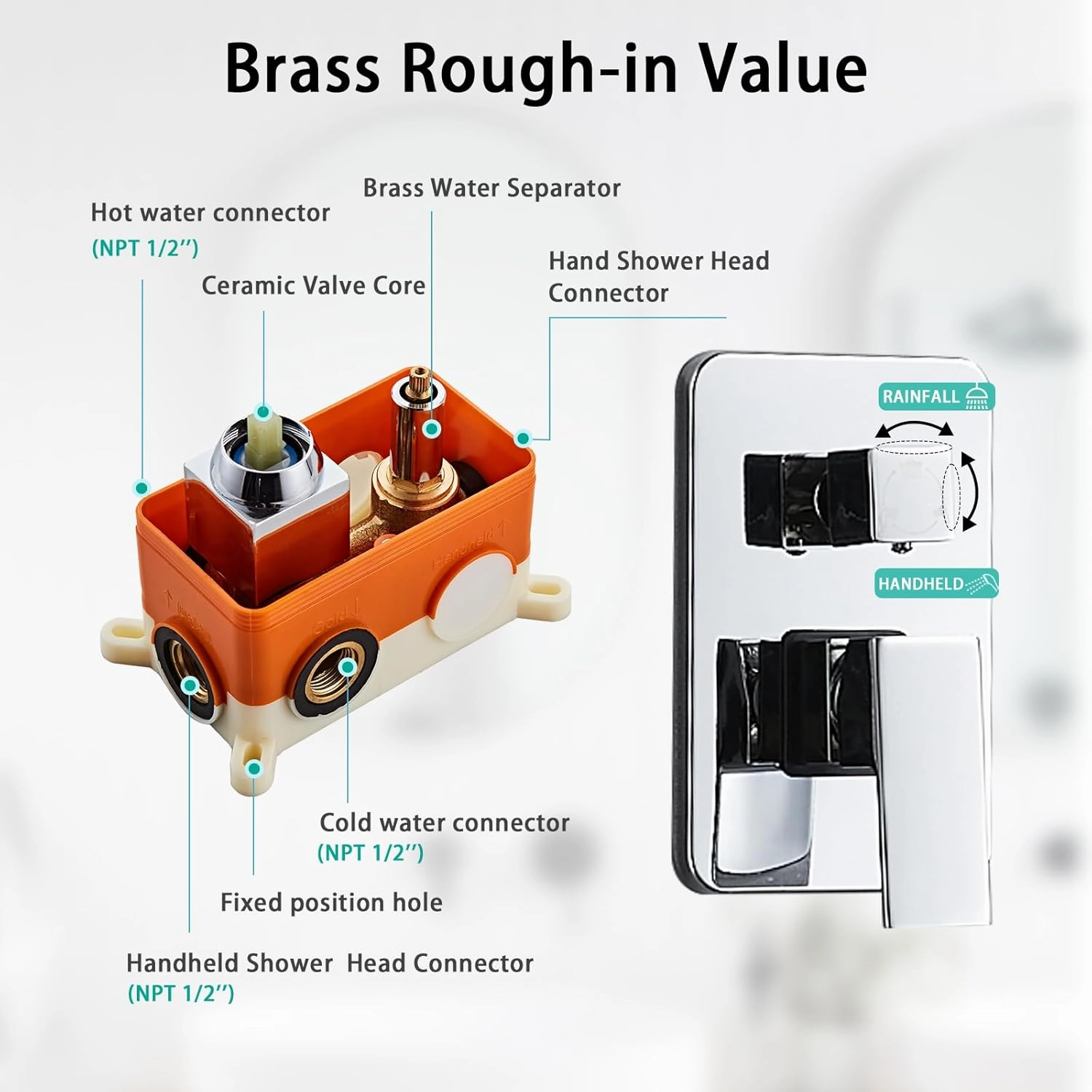 8 Inch Shower Faucet Set, Rainfall Shower System with High Pressure Handheld Shower Head, Bathroom Mixer Shower Set Wall Mounted Shower Faucet Rough-in Valve and Trim Kit, with Tub Spout