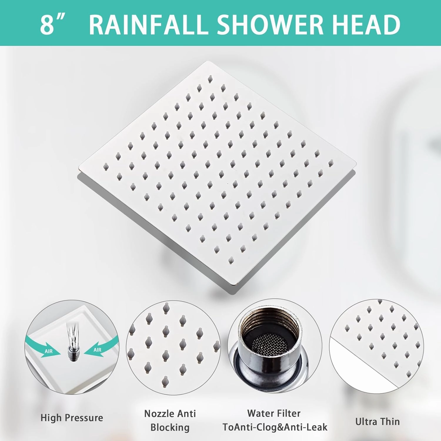 8 Inch Shower Faucet Set, Rainfall Shower System with High Pressure Handheld Shower Head, Bathroom Mixer Shower Set Wall Mounted Shower Faucet Rough-in Valve and Trim Kit, with Tub Spout