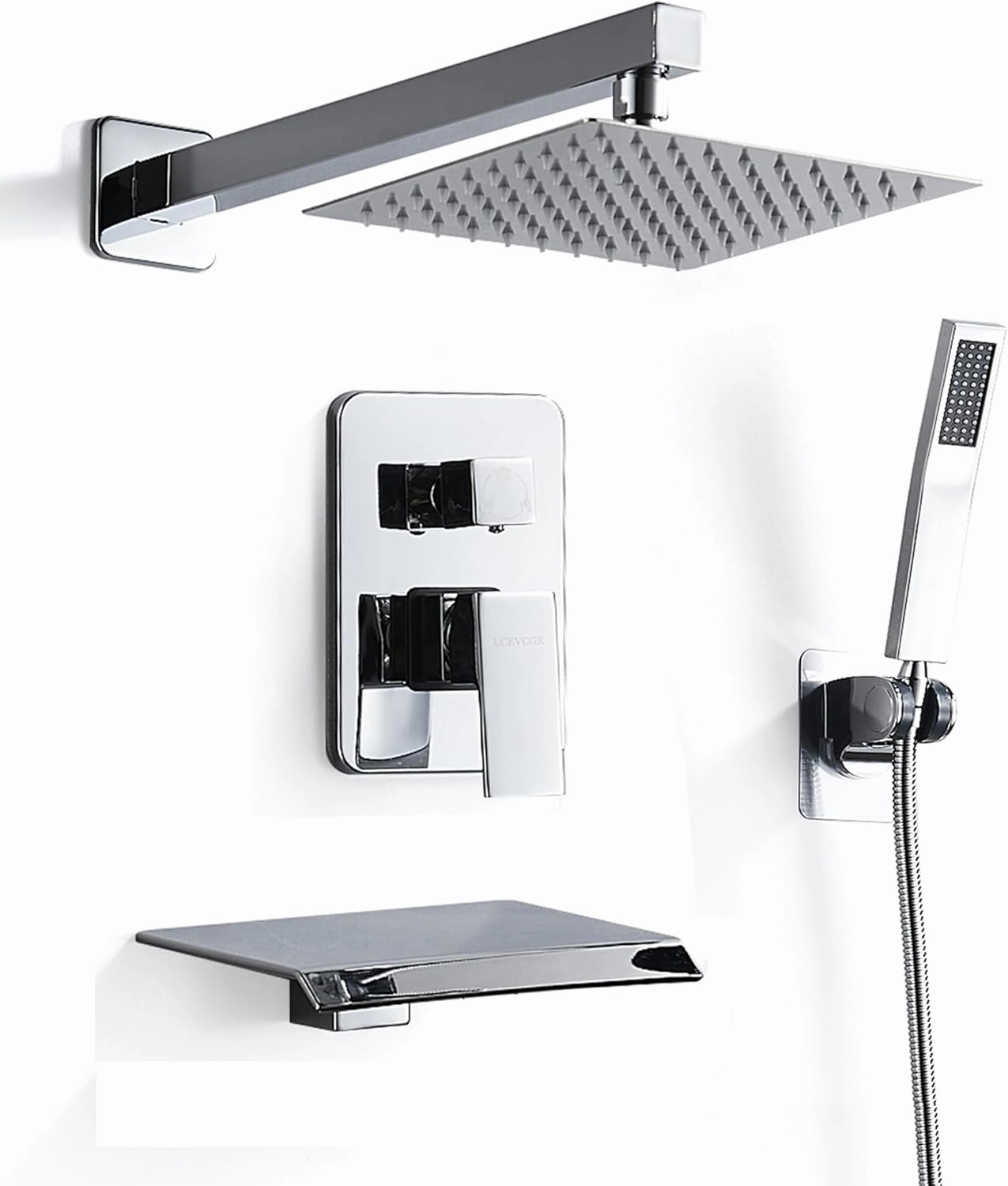 8 Inch Shower Faucet Set, Rainfall Shower System with High Pressure Handheld Shower Head, Bathroom Mixer Shower Set Wall Mounted Shower Faucet Rough-in Valve and Trim Kit, with Tub Spout