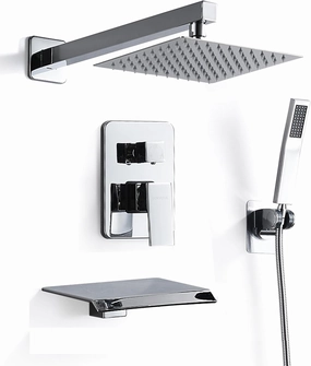 8 Inch Shower Faucet Set, Rainfall Shower System with High Pressure Handheld Shower Head, Bathroom Mixer Shower Set Wall Mounted Shower Faucet Rough-in Valve and Trim Kit, with Tub Spout