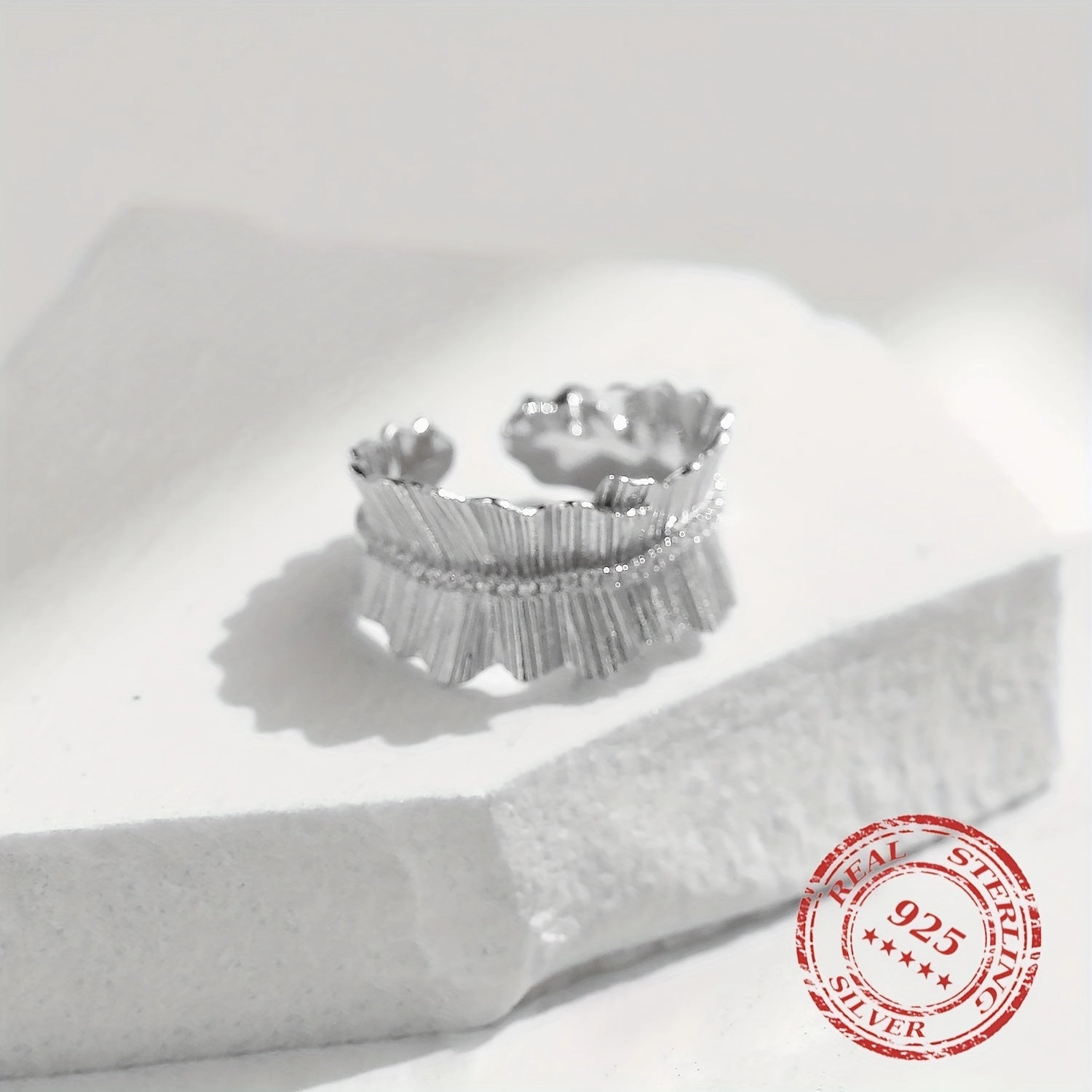 925 Silver Adjustable Texture Finger Ring Thick Stackable Pave Setting Rings