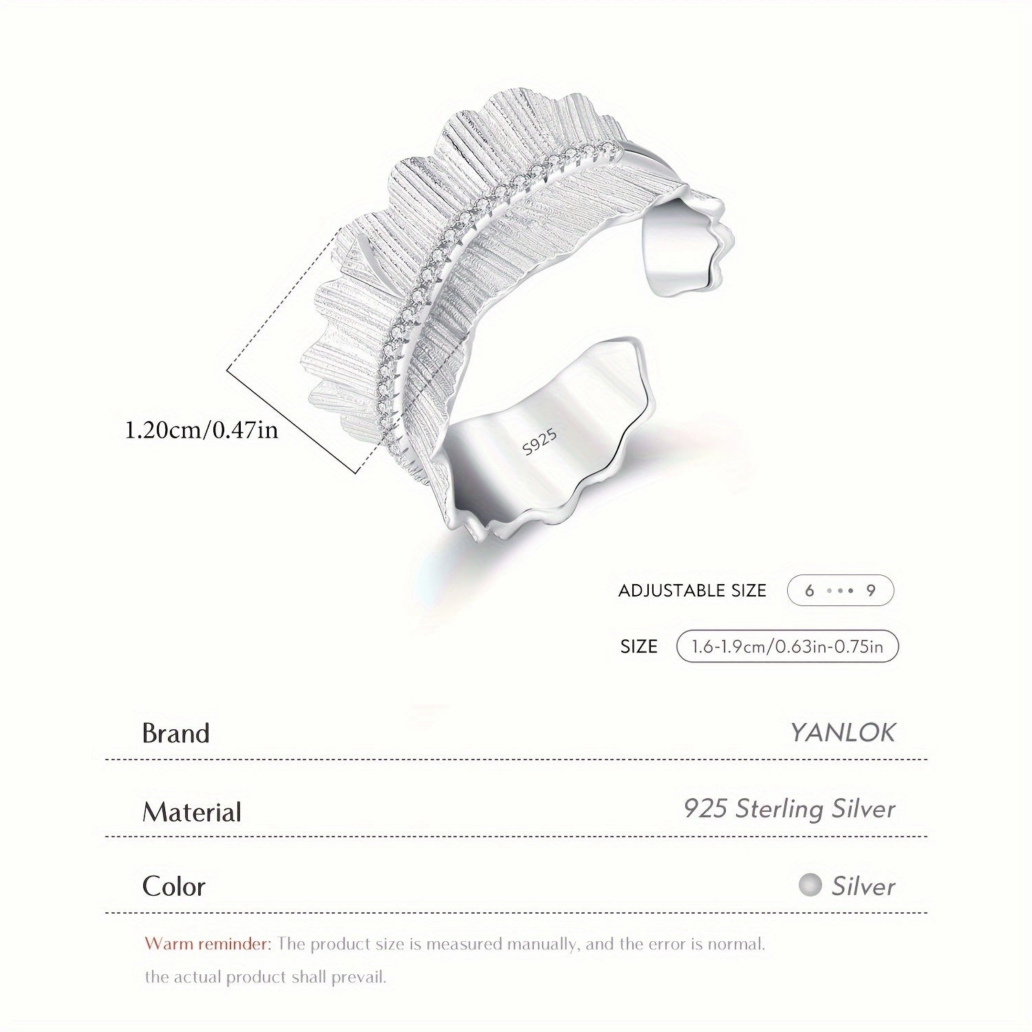 925 Silver Adjustable Texture Finger Ring Thick Stackable Pave Setting Rings