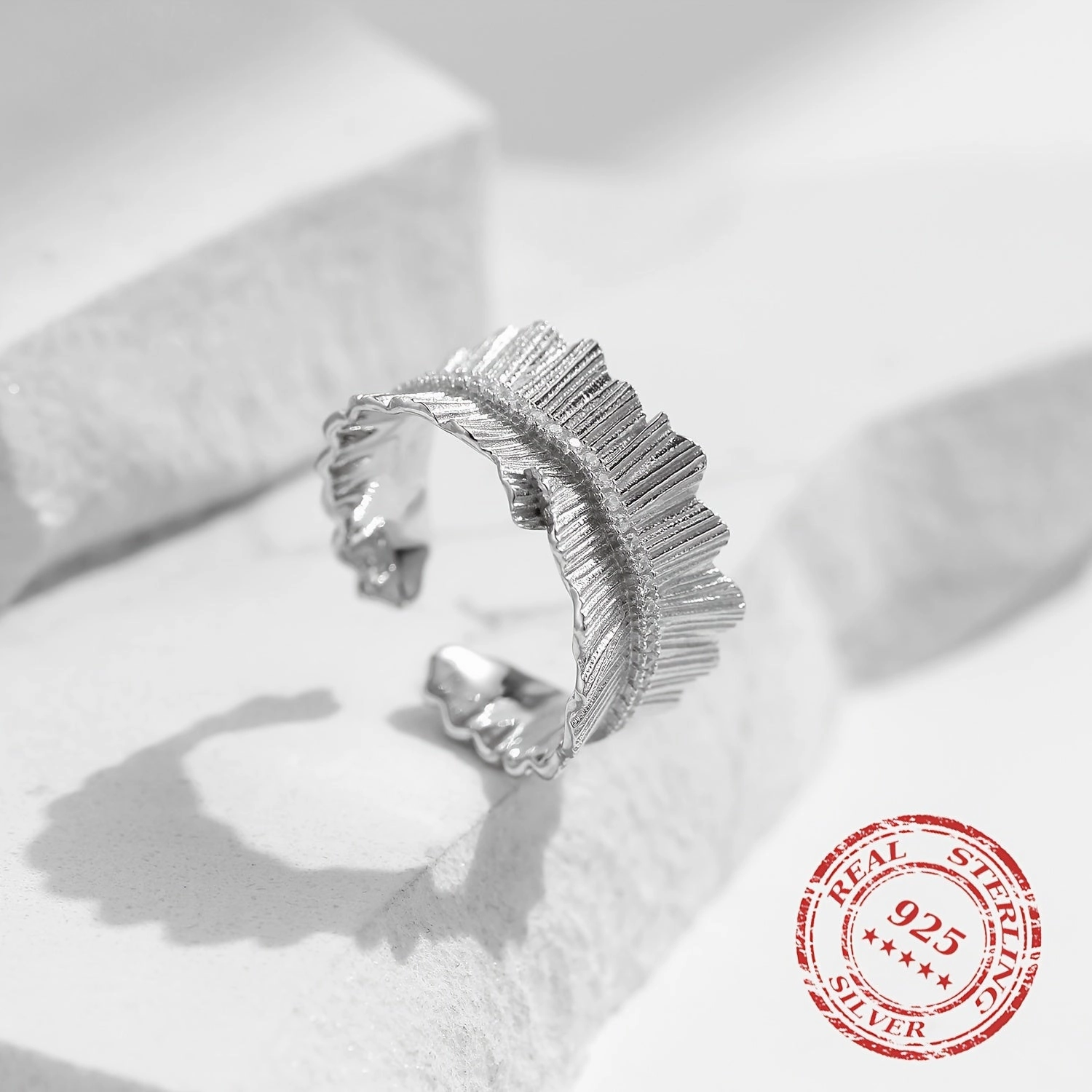 925 Silver Adjustable Texture Finger Ring Thick Stackable Pave Setting Rings