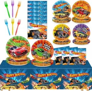 98 Pcs Race Car Party Supplies Colorful Hot Car Paper Plates Napkins Tablecloths Racing Theme Tableware Table Cover for Kids Boys Black White Checkered Baby Shower Birthday Decorations for 24 Guests