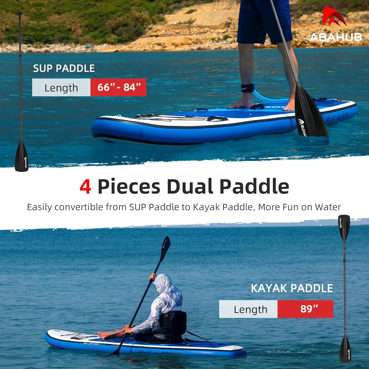Abahub 1 x 4 Section Carbon SUP Paddle/Kayak Oar, Adjustable Stand up Paddleboard Paddles, Lightweight Carbon Shaft Black/Blue/Green/Gray/Orange/Red Plastic Blade