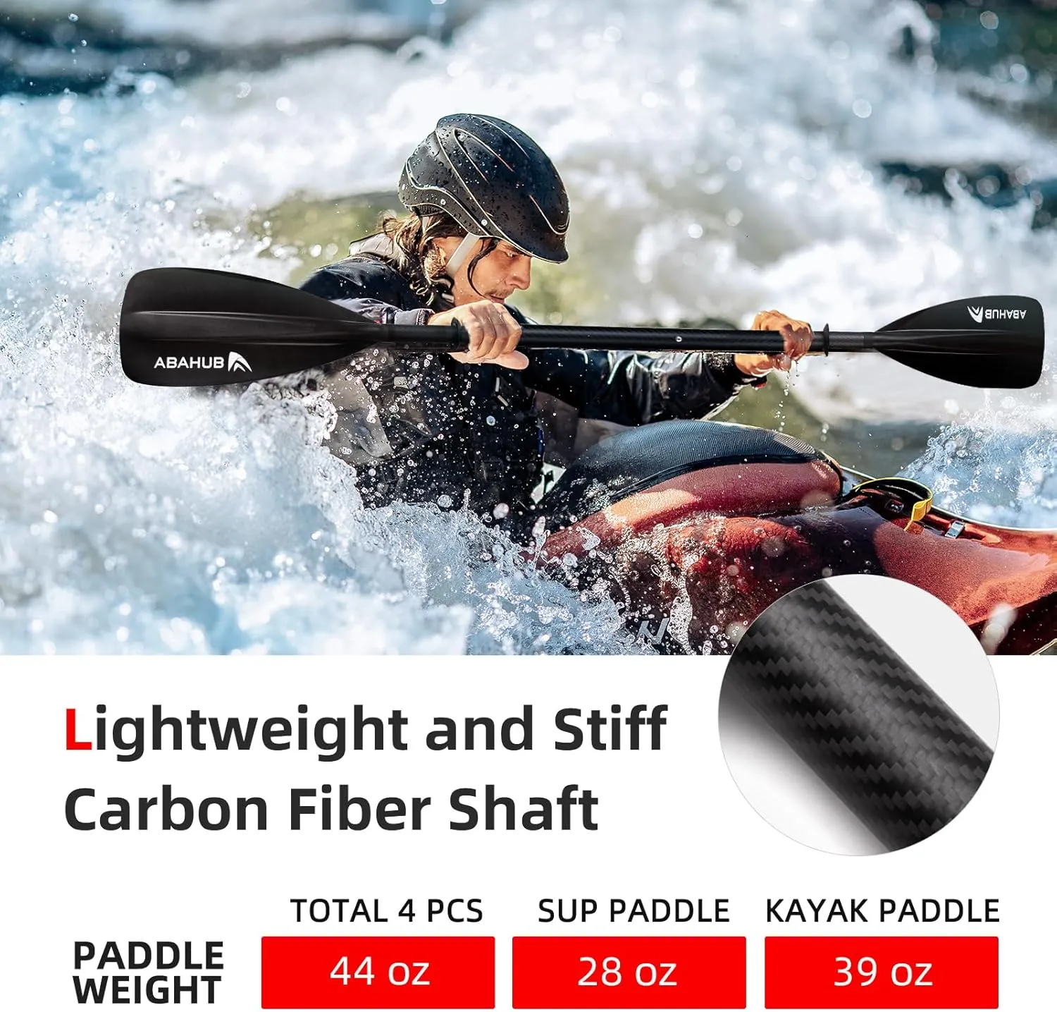 Abahub 1 x 4 Section Carbon SUP Paddle/Kayak Oar, Adjustable Stand up Paddleboard Paddles, Lightweight Carbon Shaft Black/Blue/Green/Gray/Orange/Red Plastic Blade