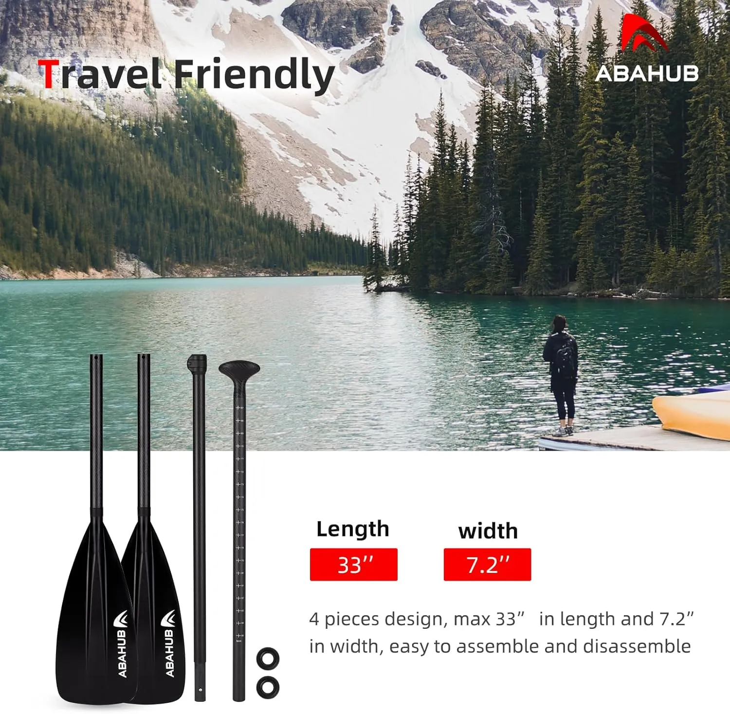 Abahub 1 x 4 Section Carbon SUP Paddle/Kayak Oar, Adjustable Stand up Paddleboard Paddles, Lightweight Carbon Shaft Black/Blue/Green/Gray/Orange/Red Plastic Blade
