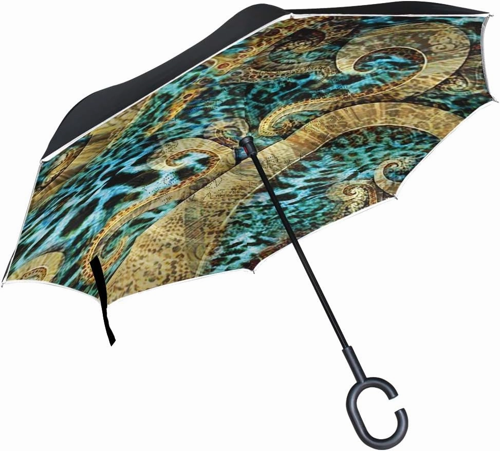 ABLINK ALAZA Stylish Colorful Leopard with Octopus Windproof UV Proof Reverse Folding Umbrella, Double Layer Travel Inverted Umbrella with C Shape Handle for Car Use