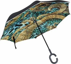 ABLINK ALAZA Stylish Colorful Leopard with Octopus Windproof UV Proof Reverse Folding Umbrella, Double Layer Travel Inverted Umbrella with C Shape Handle for Car Use