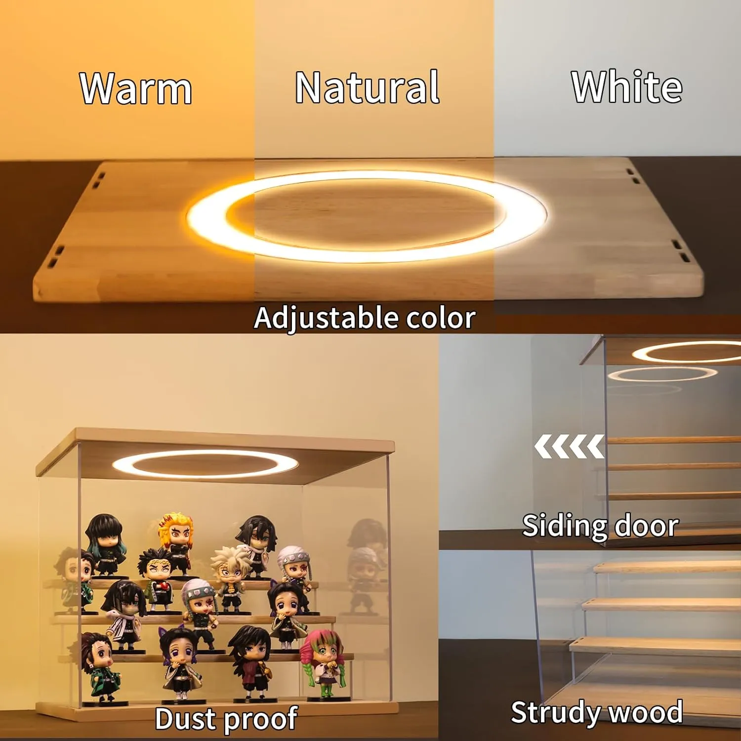Acrylic Display Case with Adjustable LED Light, 5 Tier Clear Display Box Dustproof Showcase for Action Figures, Collectibles and Mini Toys, Assembly Display Cabinet(Black 12.5×12.2×11.8in)