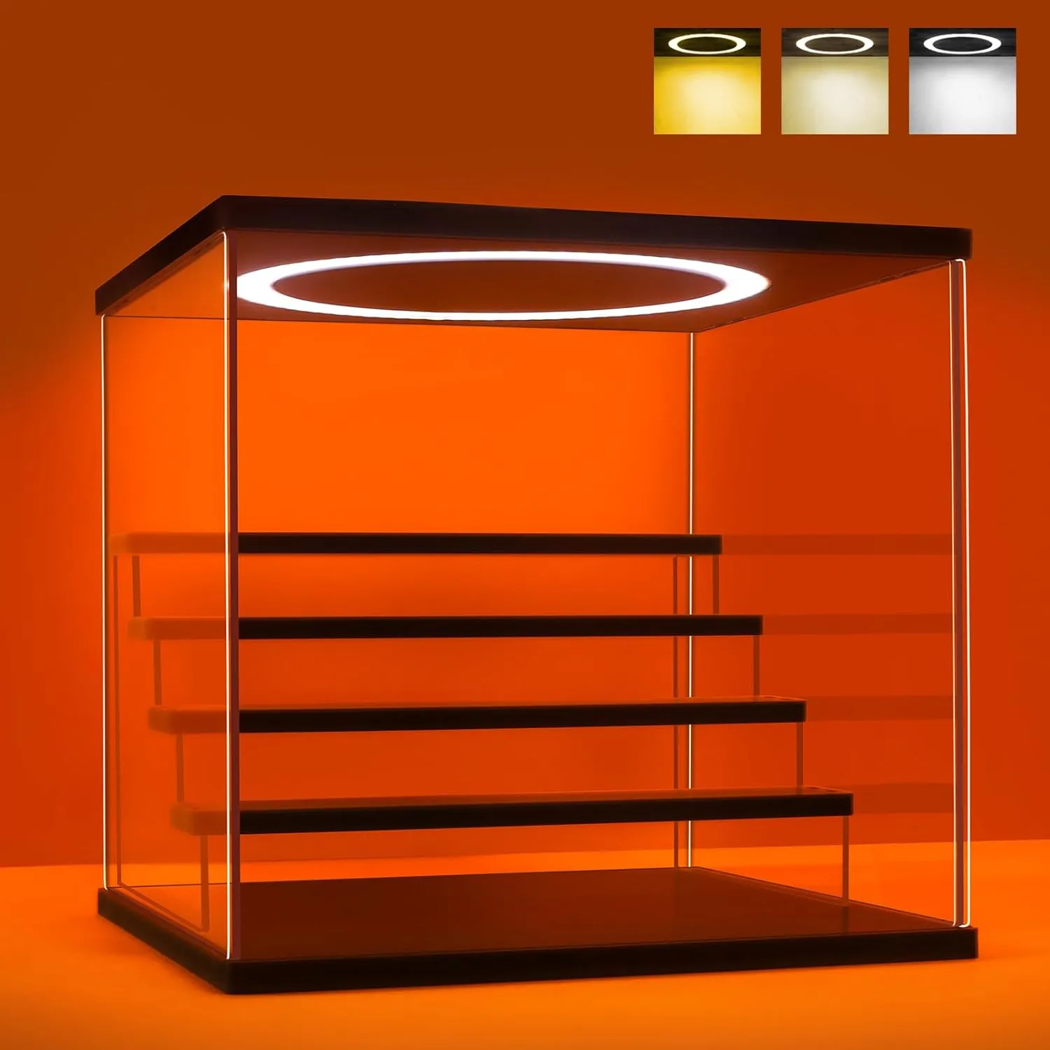 Acrylic Display Case with Adjustable LED Light, 5 Tier Clear Display Box Dustproof Showcase for Action Figures, Collectibles and Mini Toys, Assembly Display Cabinet(Black 12.5×12.2×11.8in)