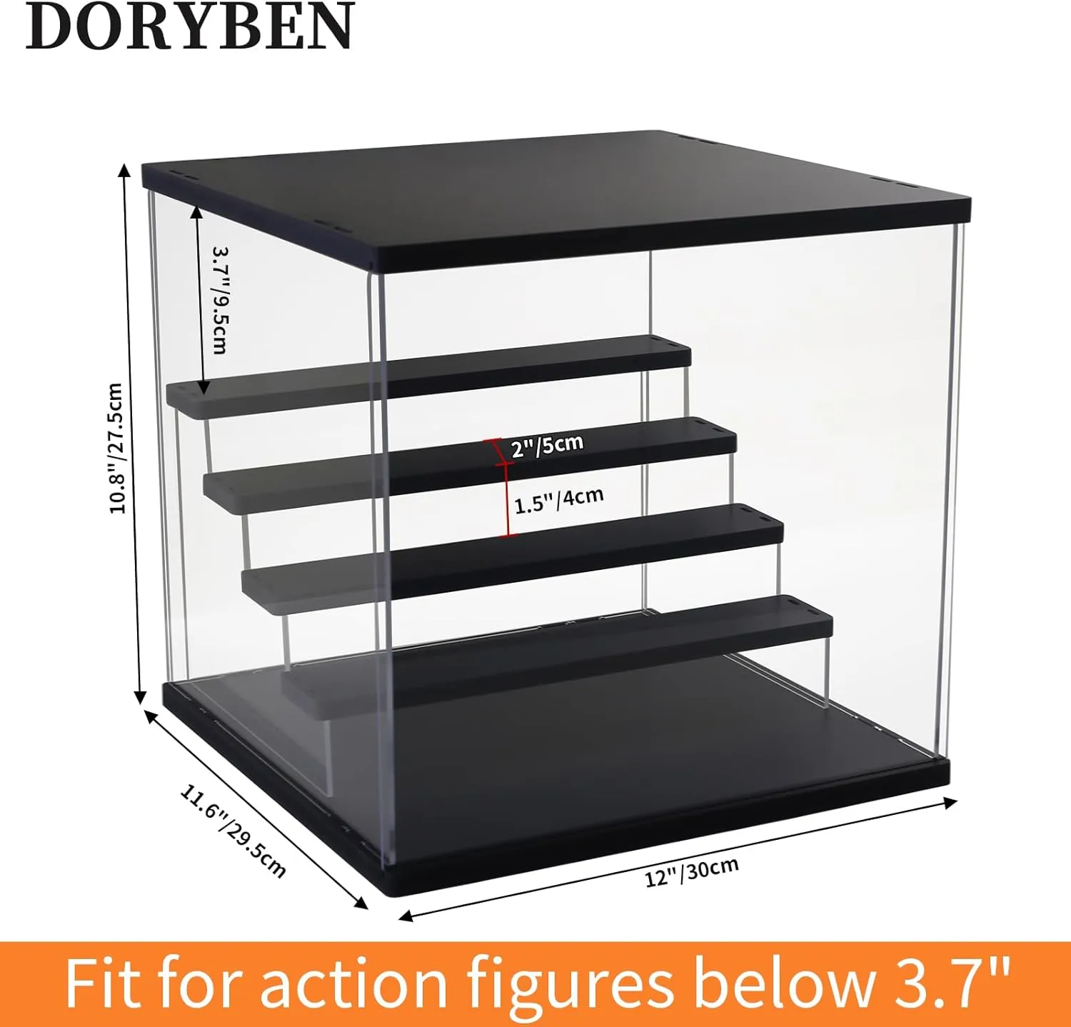 Acrylic Display Case with Adjustable LED Light, 5 Tier Clear Display Box Dustproof Showcase for Action Figures, Collectibles and Mini Toys, Assembly Display Cabinet(Black 12.5×12.2×11.8in)
