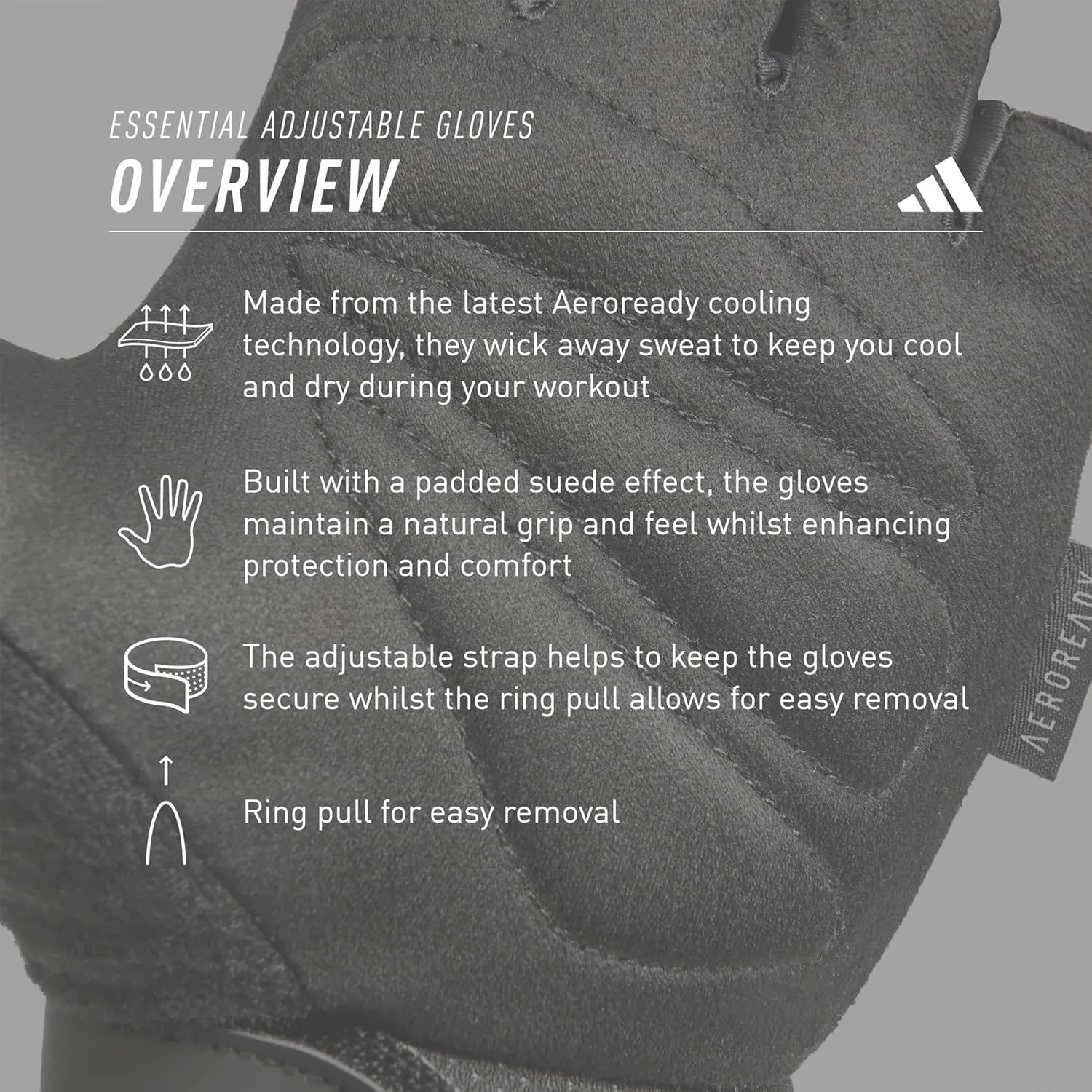 adidas Essential Weightlifting Gloves, Adjustable Fingerless Workout Gloves