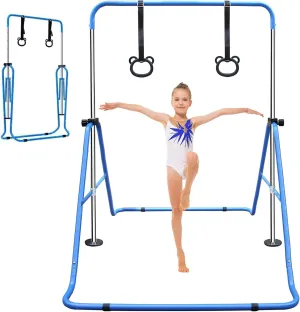 Adjustable Height Children's Gymnastic Bar with Bear Rings for Fun and Fitness, Sturdy and Space-Saving Design, Blue