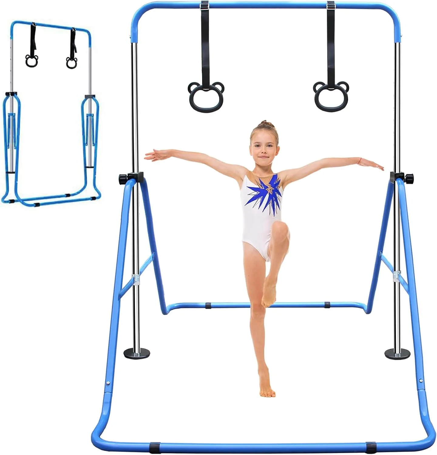 Adjustable Height Children's Gymnastic Bar with Bear Rings for Fun and Fitness, Sturdy and Space-Saving Design, Blue