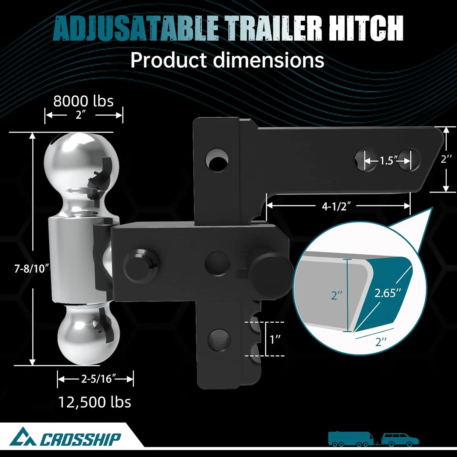 Adjustable Trailer Hitch - Heavy Duty Aluminum Drop Hitch - Fits 2" Receiver, 6" Drop/Rise, for Truck, SUV, RV(12500 lbs GTW)