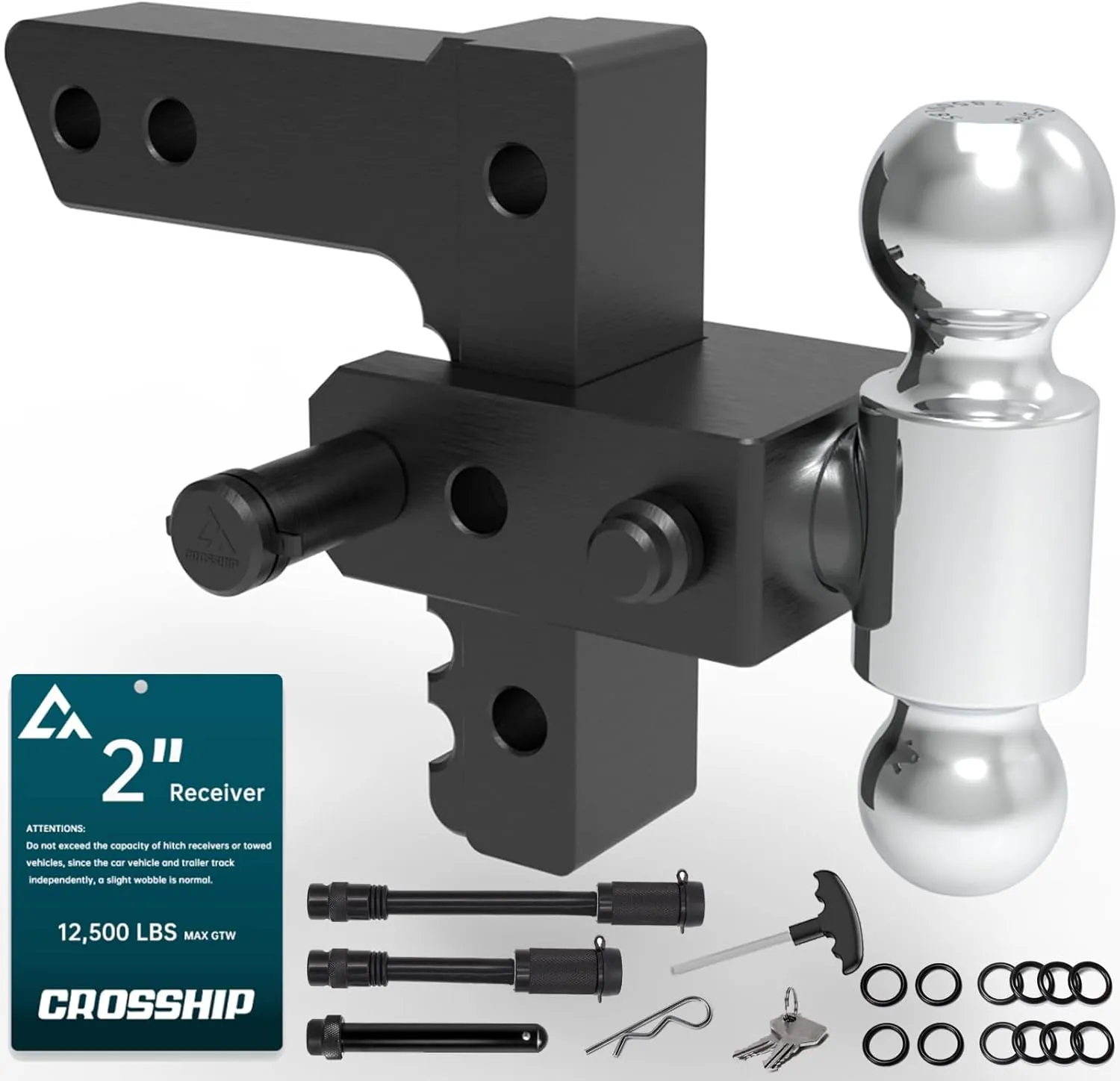 Adjustable Trailer Hitch - Heavy Duty Aluminum Drop Hitch - Fits 2" Receiver, 6" Drop/Rise, for Truck, SUV, RV(12500 lbs GTW)