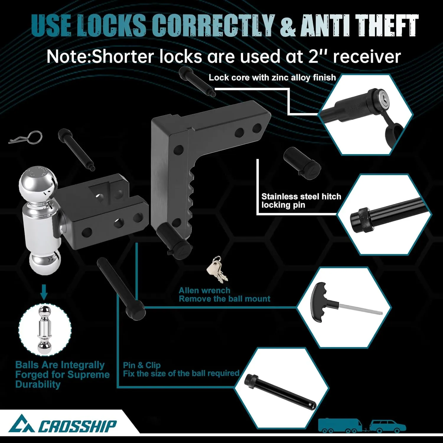 Adjustable Trailer Hitch - Heavy Duty Aluminum Drop Hitch - Fits 2" Receiver, 6" Drop/Rise, for Truck, SUV, RV(12500 lbs GTW)
