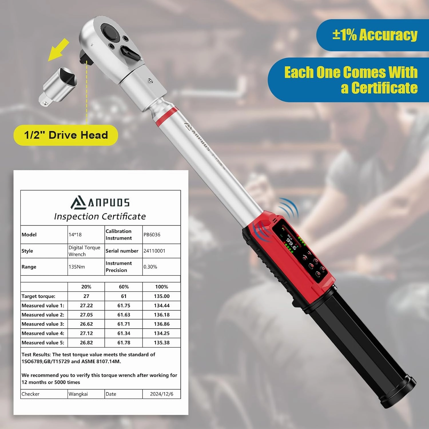 Adjustable Digital Torque Wrench, 1.5-99.6 Ft.lb/2-135 Nm, Hvac Torque Wrench with 45mm Jaw, 1/2 Drive Ratchet, ±1% Accuracy, Vibration, Buzzer and LED Indicator for Split AC, Moto, Car