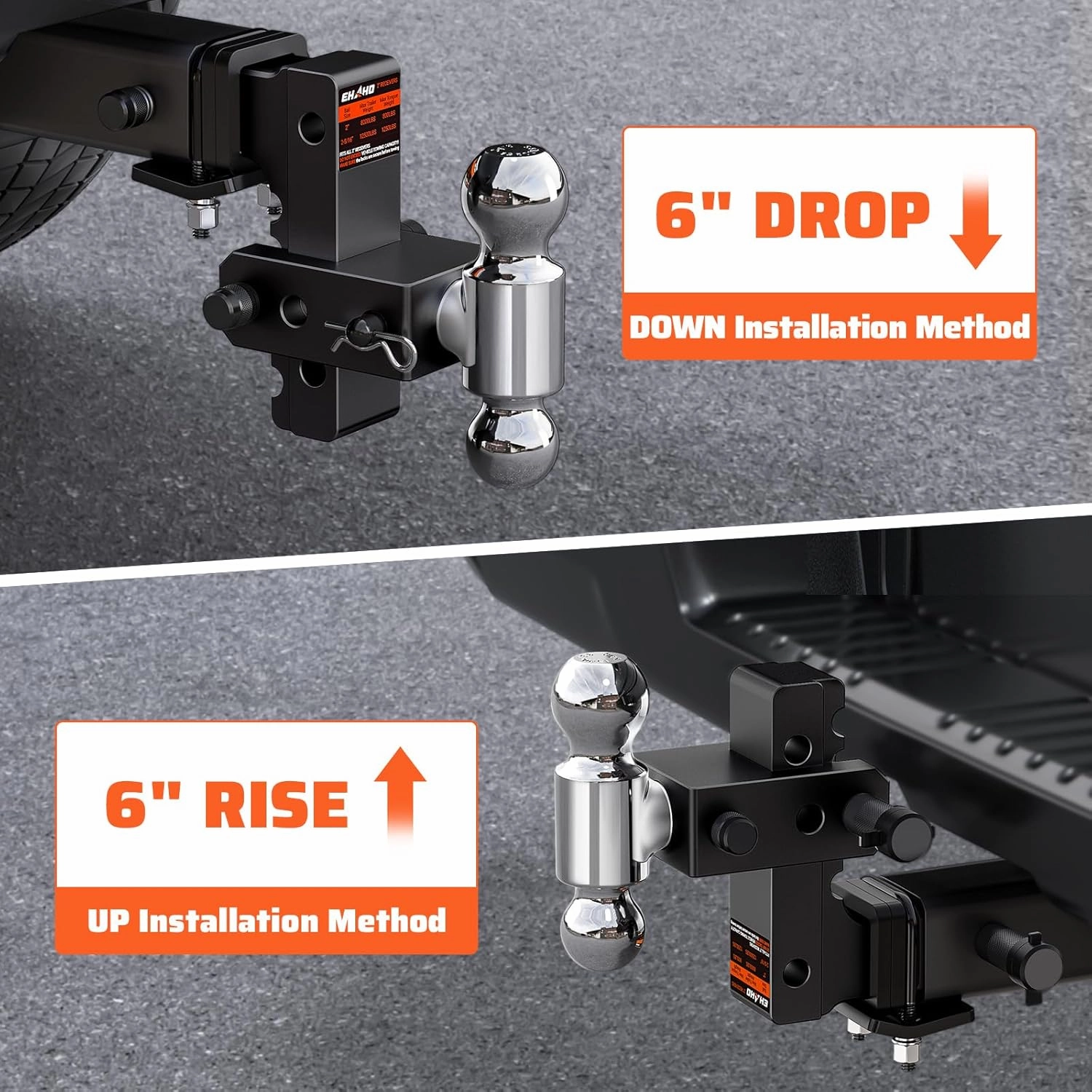 Adjustable Trailer Hitch with Hitch Tightener, Fits 2 Inch Receiver Heavy Duty Aluminum Tow Hitches with 6 Inch Drop/Rise for Truck 12,500 LBS GTW, Double Anti-Theft Locking Hitch Pins