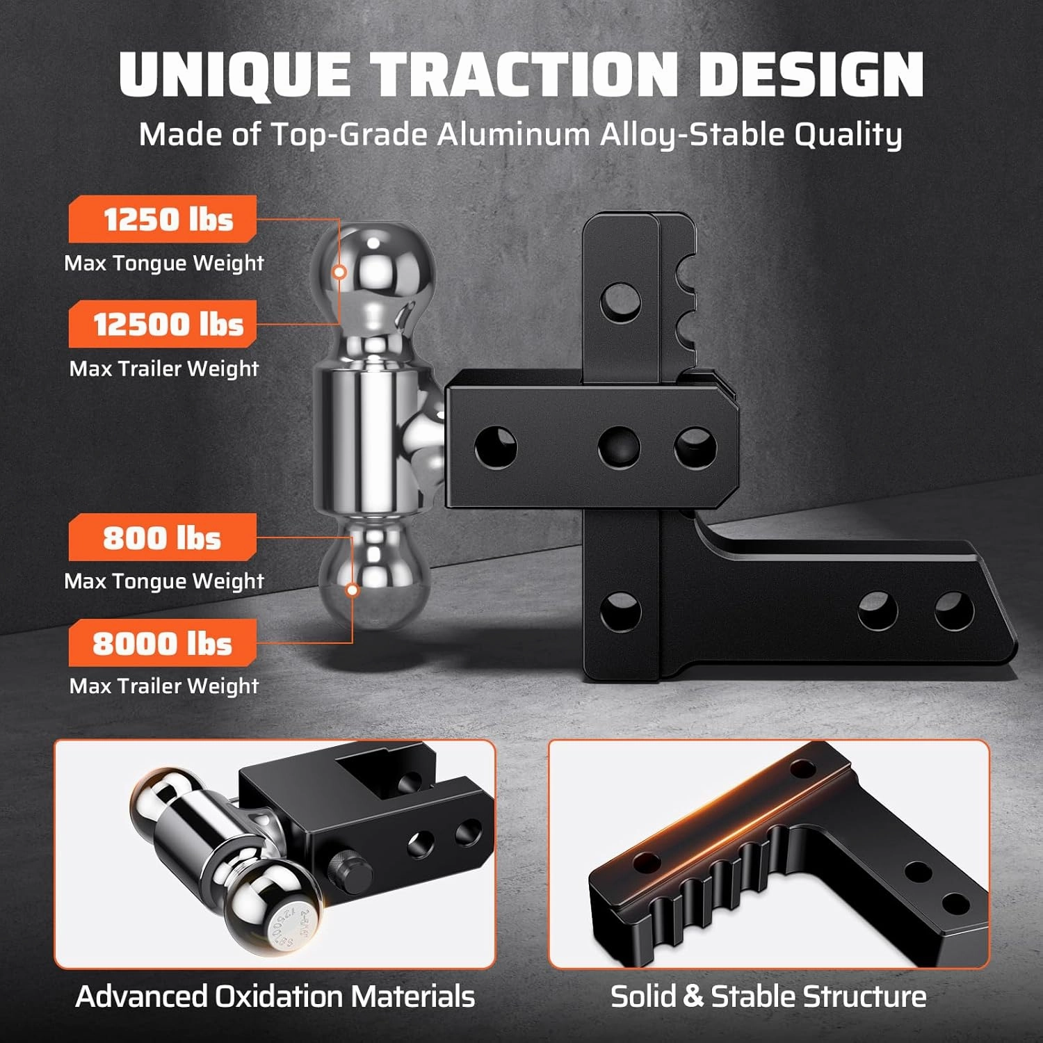 Adjustable Trailer Hitch with Hitch Tightener, Fits 2 Inch Receiver Heavy Duty Aluminum Tow Hitches with 6 Inch Drop/Rise for Truck 12,500 LBS GTW, Double Anti-Theft Locking Hitch Pins