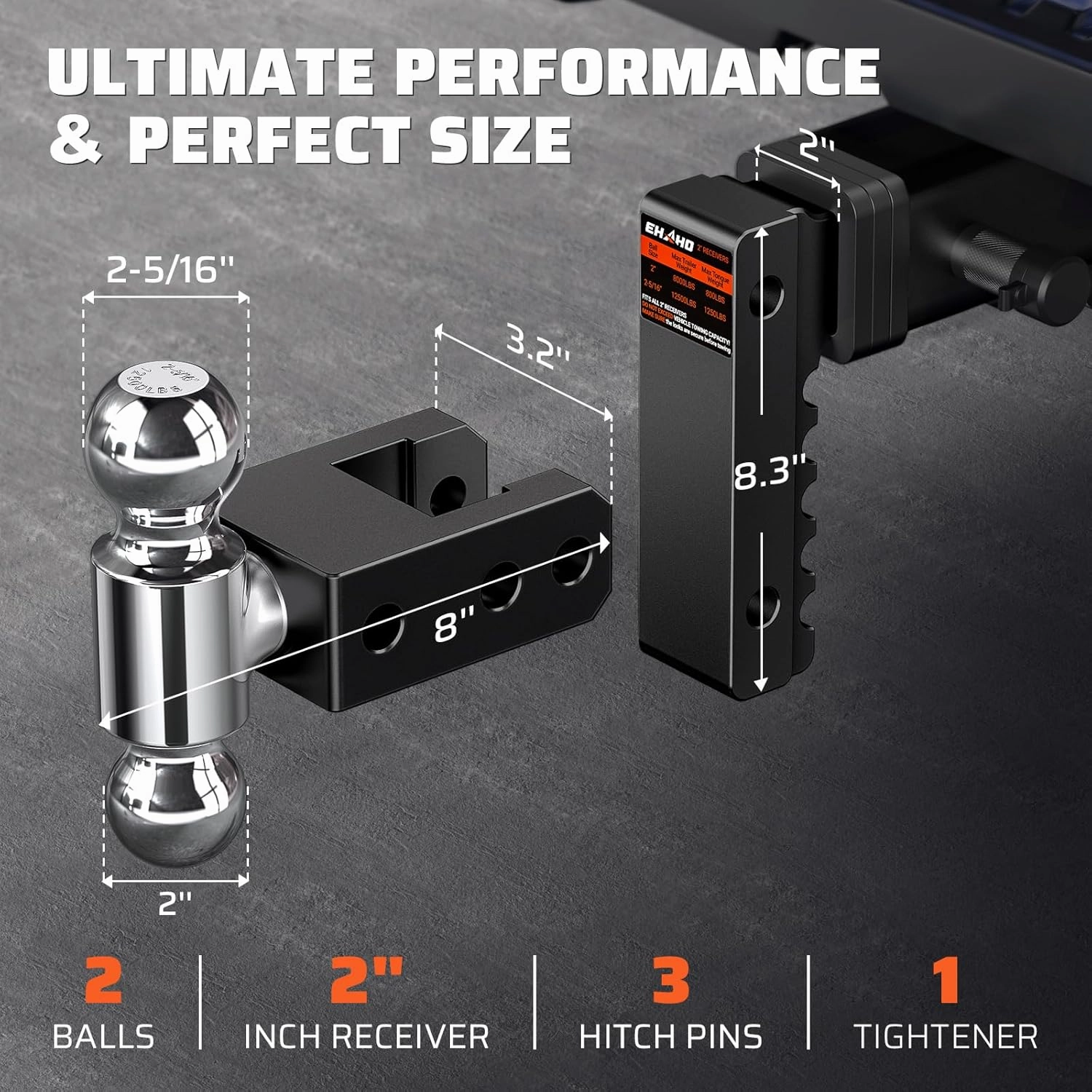 Adjustable Trailer Hitch with Hitch Tightener, Fits 2 Inch Receiver Heavy Duty Aluminum Tow Hitches with 6 Inch Drop/Rise for Truck 12,500 LBS GTW, Double Anti-Theft Locking Hitch Pins