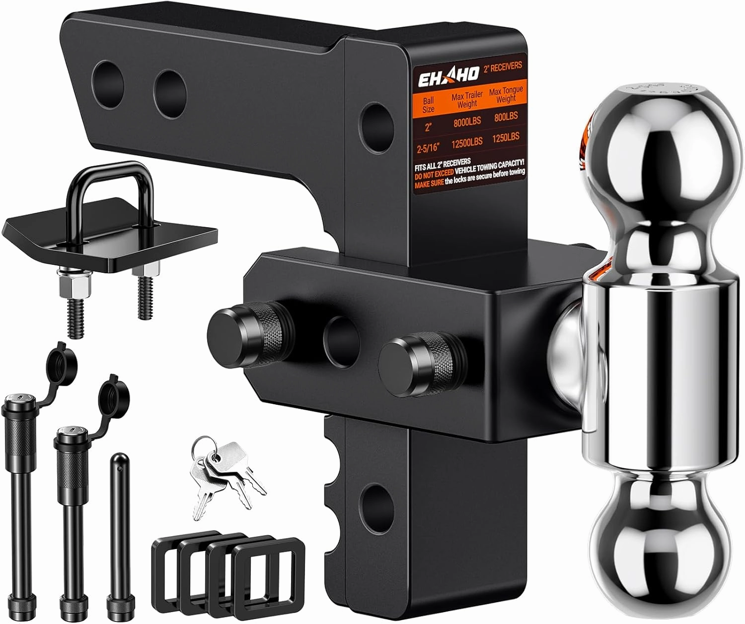 Adjustable Trailer Hitch with Hitch Tightener, Fits 2 Inch Receiver Heavy Duty Aluminum Tow Hitches with 6 Inch Drop/Rise for Truck 12,500 LBS GTW, Double Anti-Theft Locking Hitch Pins