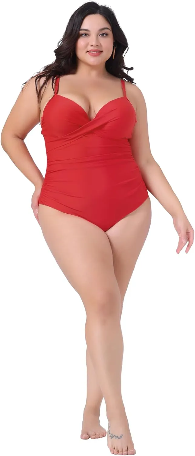 Agnes Orinda Plus Size Bikini for Women One Piece Bathing Suit Ruched Padded Slimming Swimsuit Swimwear