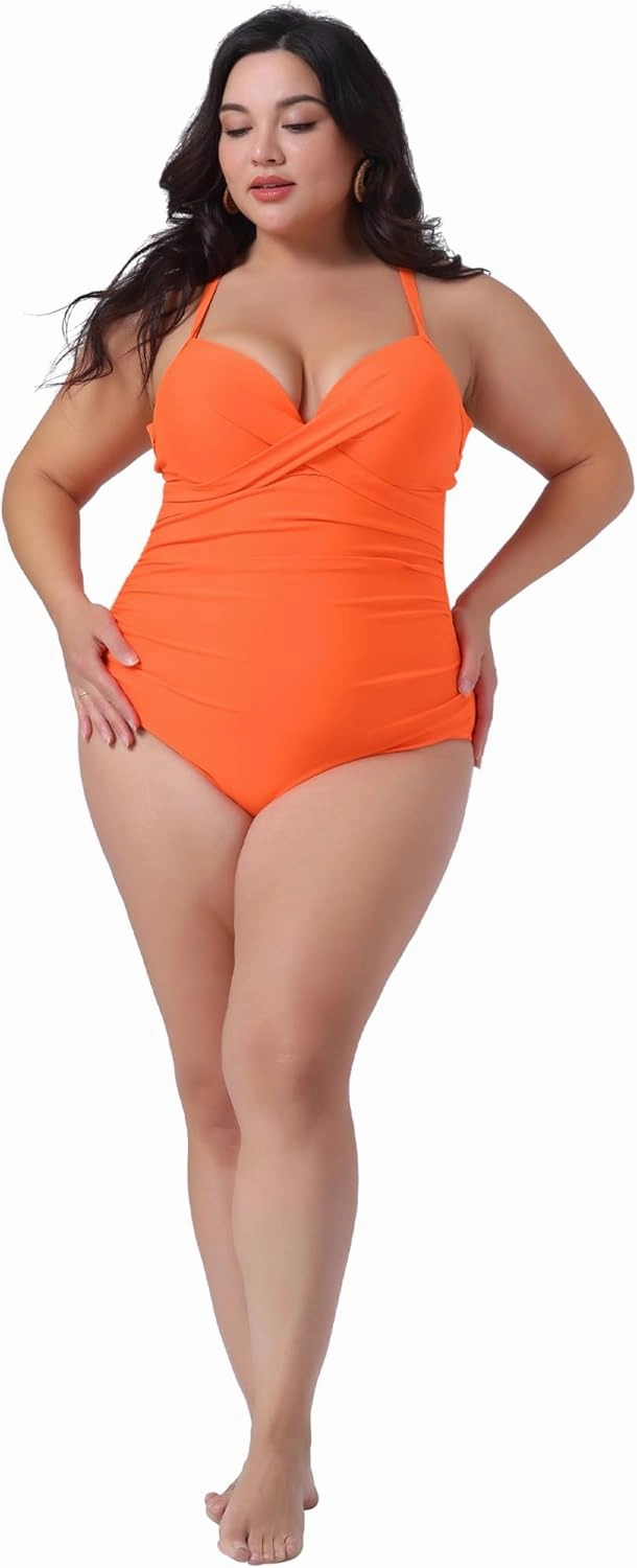 Agnes Orinda Plus Size Bikini for Women One Piece Bathing Suit Ruched Padded Slimming Swimsuit Swimwear