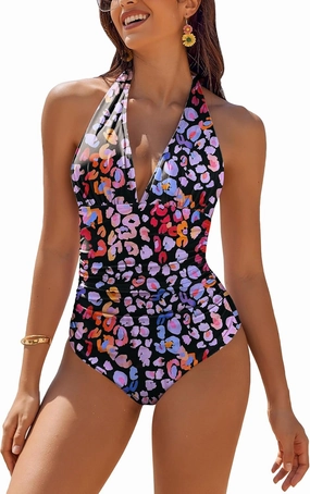 AI'MAGE Women's One Piece Swimsuit Tummy Control Halter Ruched Bathing Suits