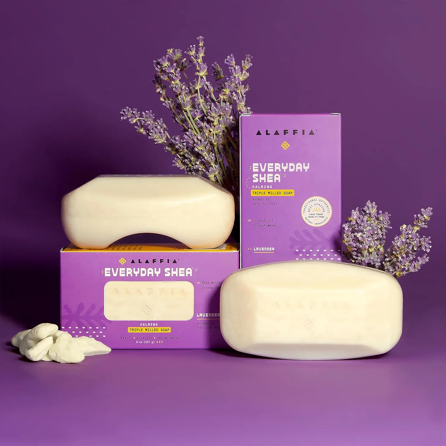 Alaffia EveryDay Shea Soap Bar - Body Soap, Natural Coconut Oil, Shea Butter & Aromatic Plant Extracts, Ergonomic Bar Soap, Lavender Scent, 8 Oz Ea (Pack of 4)