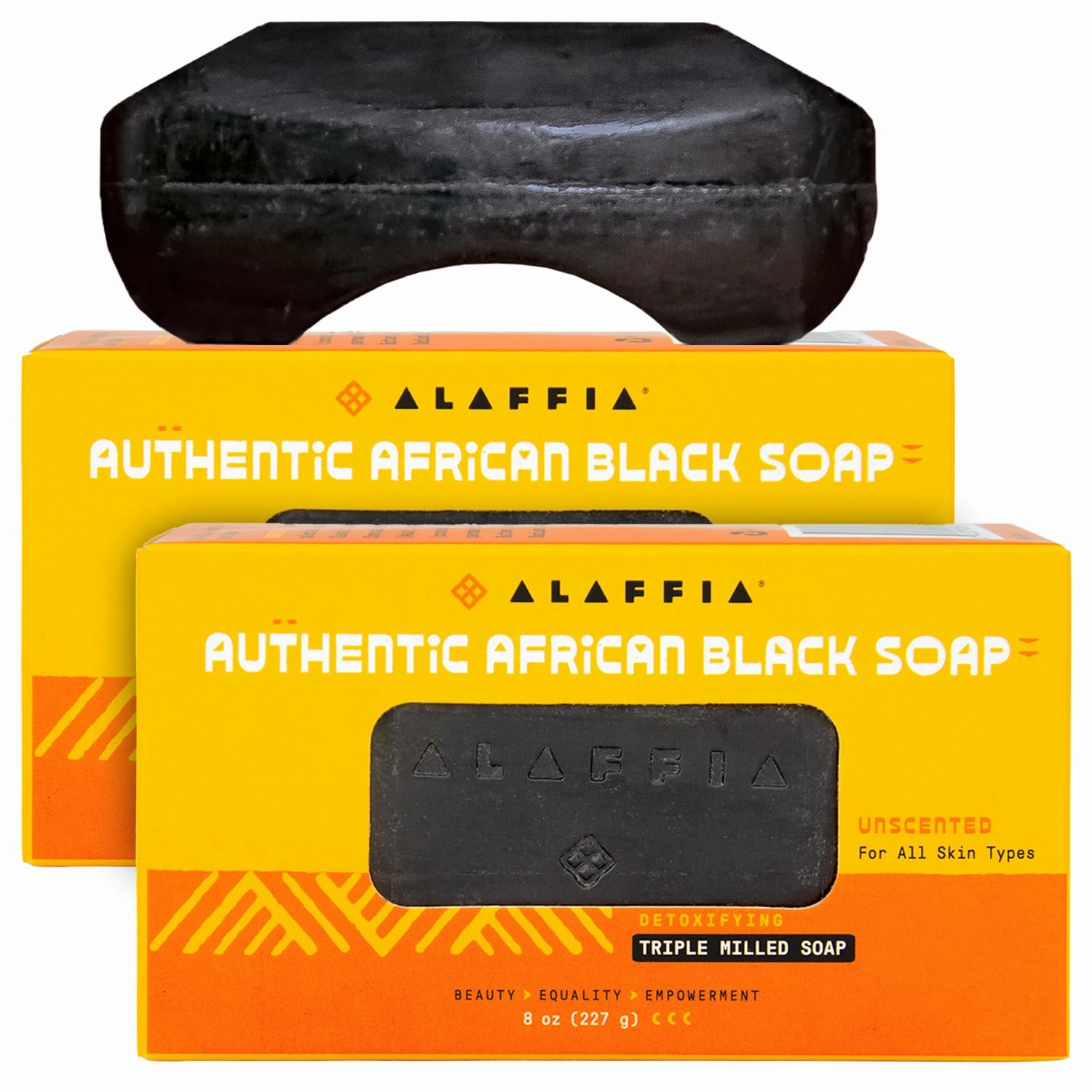 Alaffia Authentic African Black Soap, Unscented, 2-Pack – Detoxifying, Multi-Purpose Triple-Milled Body Soap with Shea Butter for Soft, Hydrated Skin, 8 Oz Ea