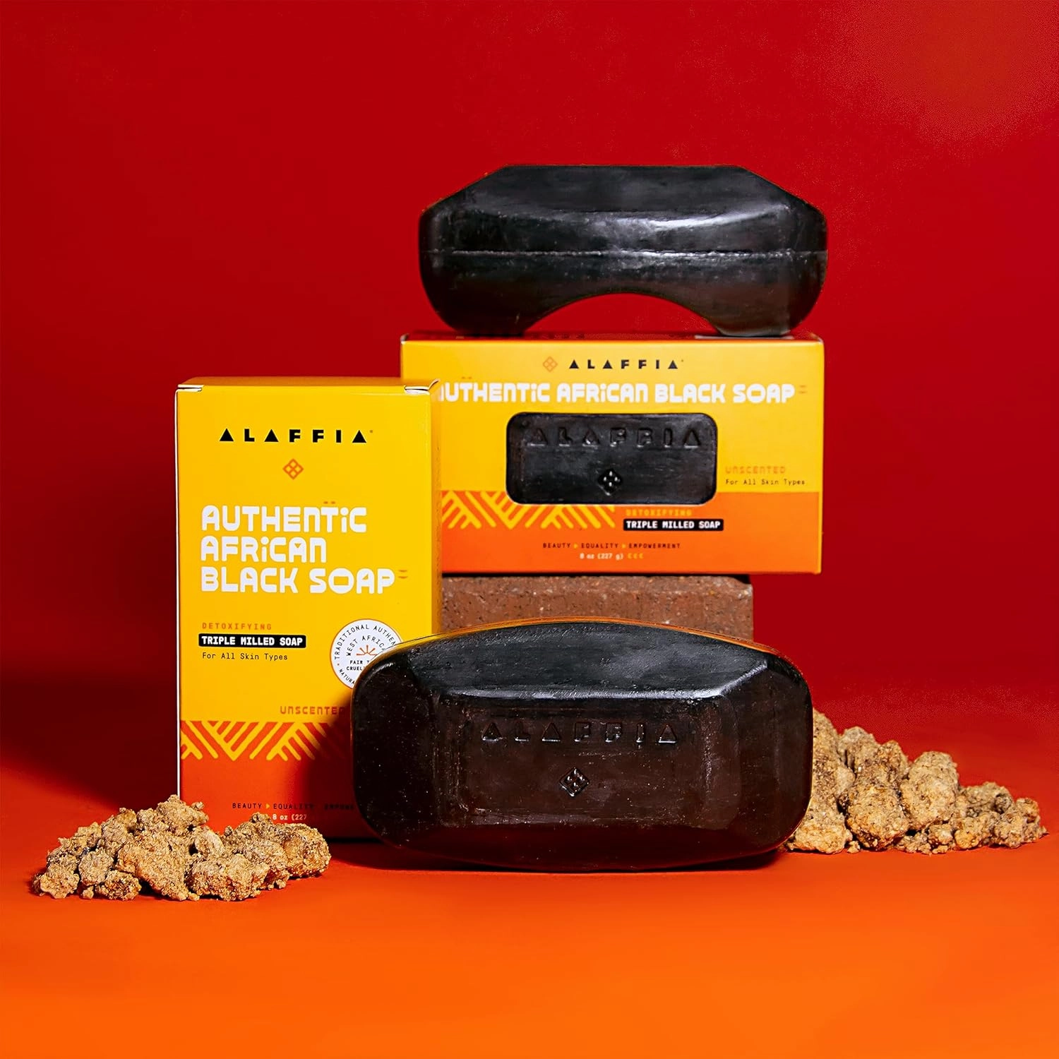 Alaffia Authentic African Black Soap, Unscented, 2-Pack – Detoxifying, Multi-Purpose Triple-Milled Body Soap with Shea Butter for Soft, Hydrated Skin, 8 Oz Ea
