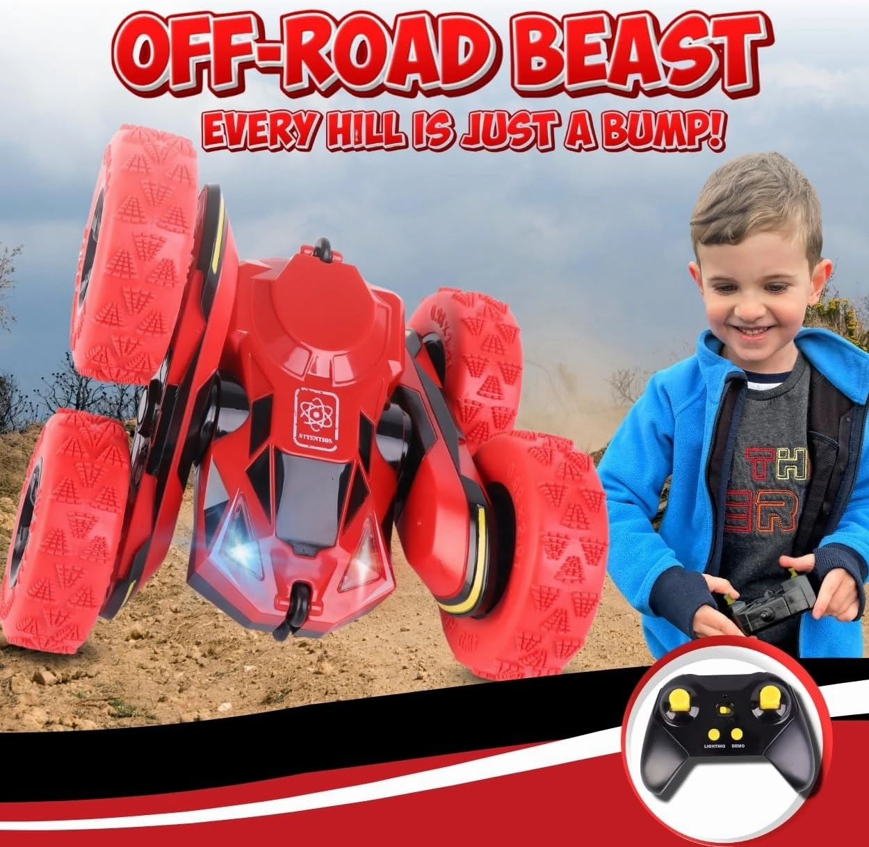 All-Round Drive Stunt RC Car - 360° Spins, High-Speed Off-Road with LED Headlights, 2 Rechargeable Batteries, AAA Remote Batteries, All-Terrain for Kids 6  & Adults (Red)