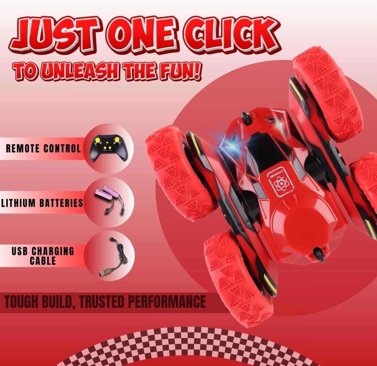 All-Round Drive Stunt RC Car - 360° Spins, High-Speed Off-Road with LED Headlights, 2 Rechargeable Batteries, AAA Remote Batteries, All-Terrain for Kids 6  & Adults (Red)