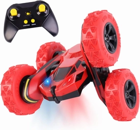 All-Round Drive Stunt RC Car - 360° Spins, High-Speed Off-Road with LED Headlights, 2 Rechargeable Batteries, AAA Remote Batteries, All-Terrain for Kids 6  & Adults (Red)
