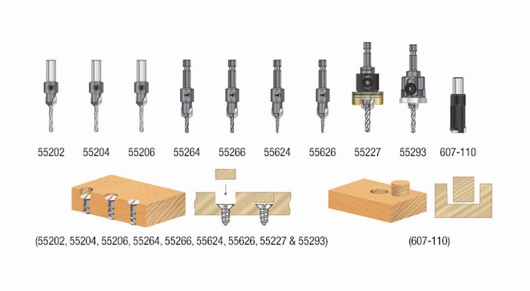 Amana Tool AMS-620 10-Pc Carbide Tipped Countersink with Adjustable Depth Stop and No-Thrust No Marring Ball Bearing Master Set